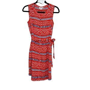 Vineyard Vines Womens Red Geometric Sleeveless Belted Knee Length Dress Size 0